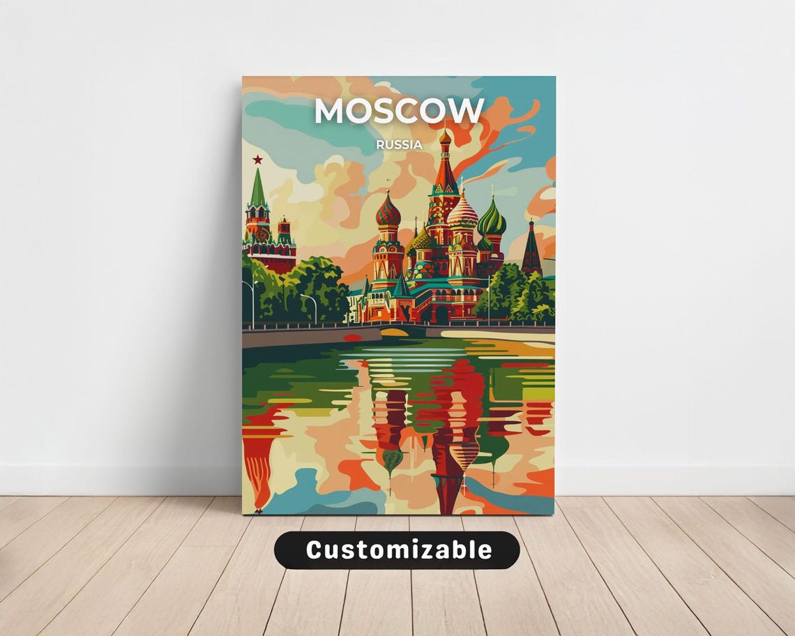 Moscow Russia Saint Basil Cathedral River View Travel Poster