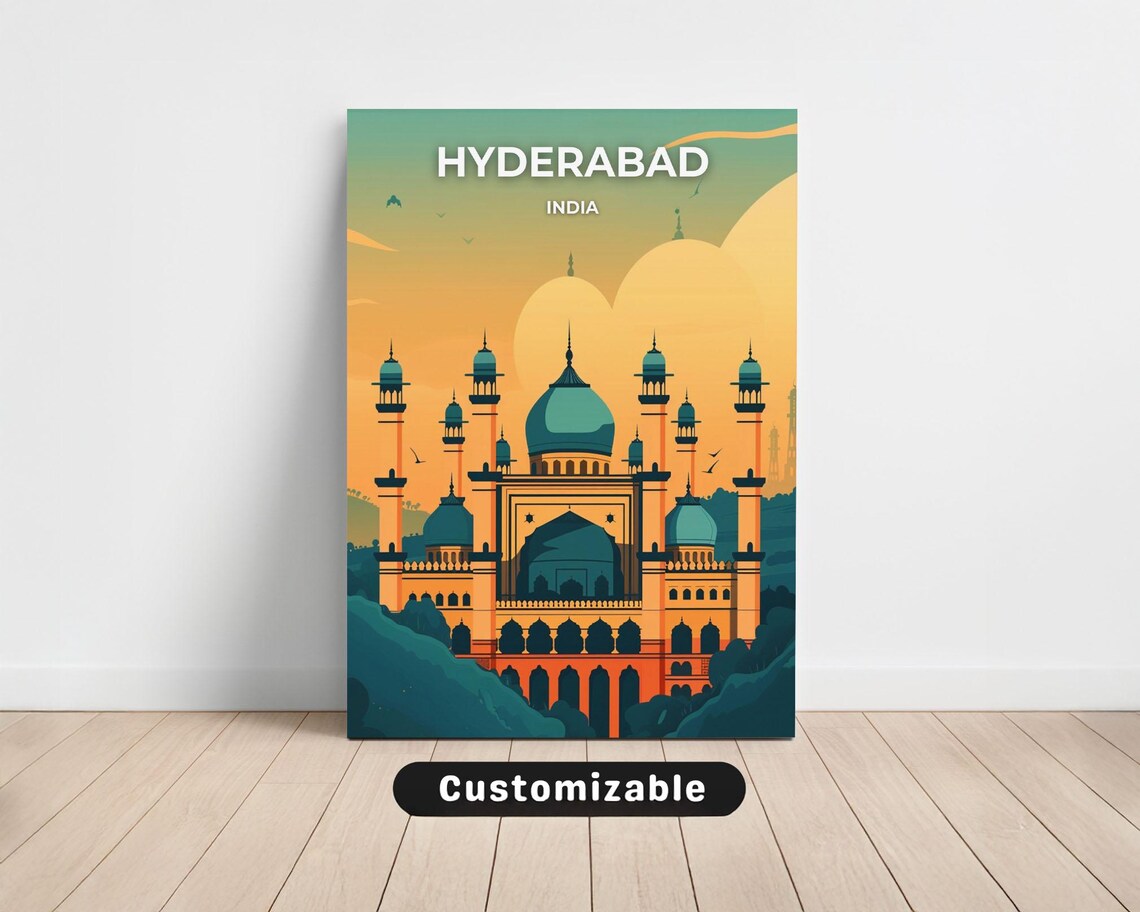 Hyderabad India Mosque Domes Sunset Vintage Travel Art Poster