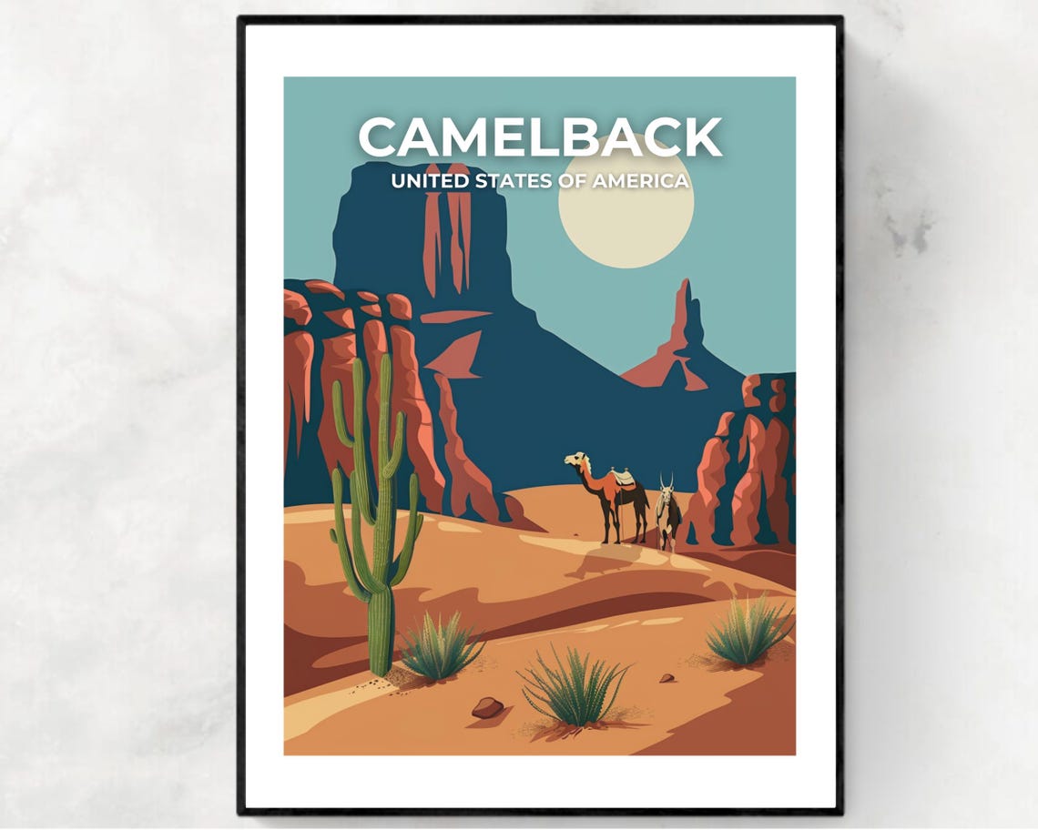 Camelback Desert Camel Saguaro Cactus Moonlight Vintage Travel Poster