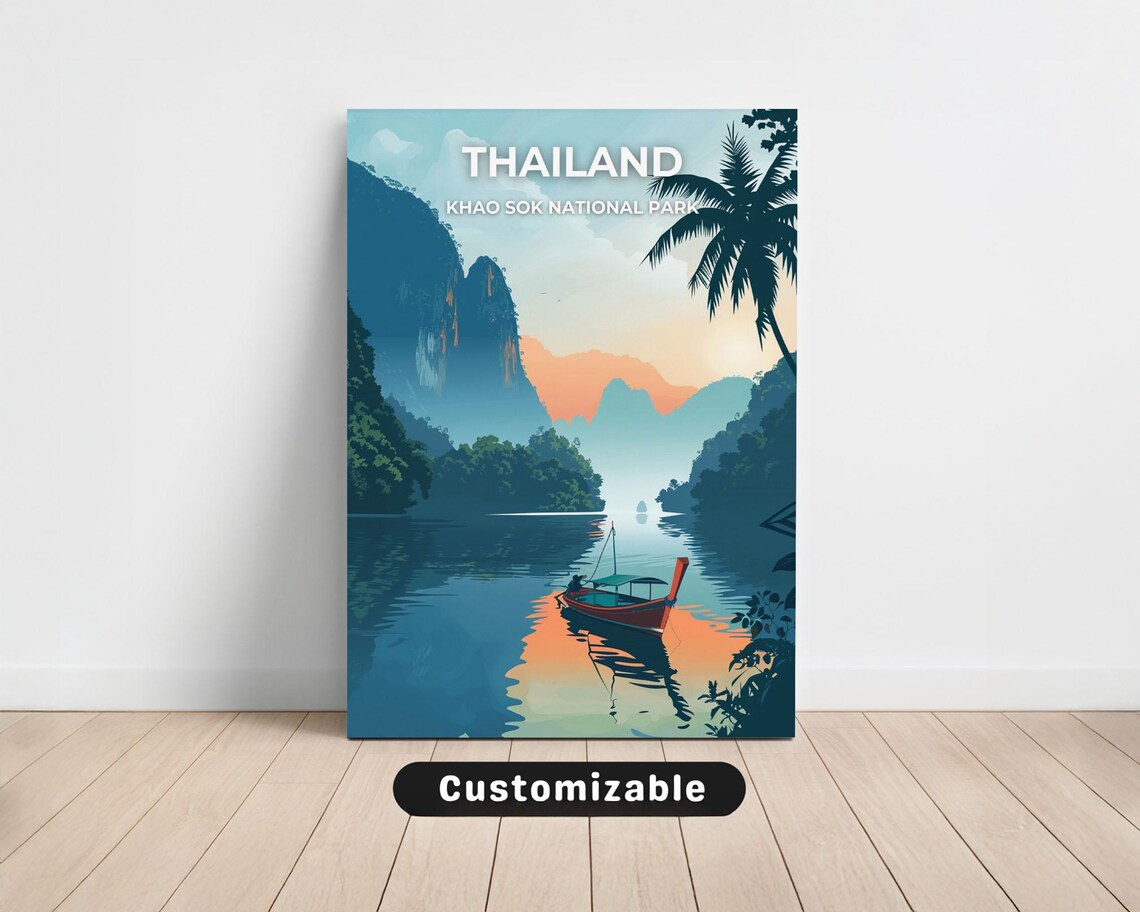 Thailand Khao Sok National Park Travel Poster Longtail Boat Lake