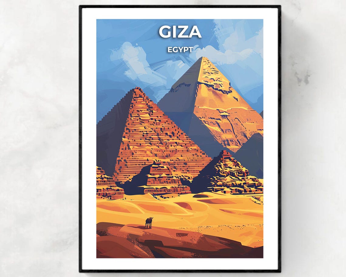 Giza Egypt Golden Pyramids Lone Camel Desert Blue Sky Poster