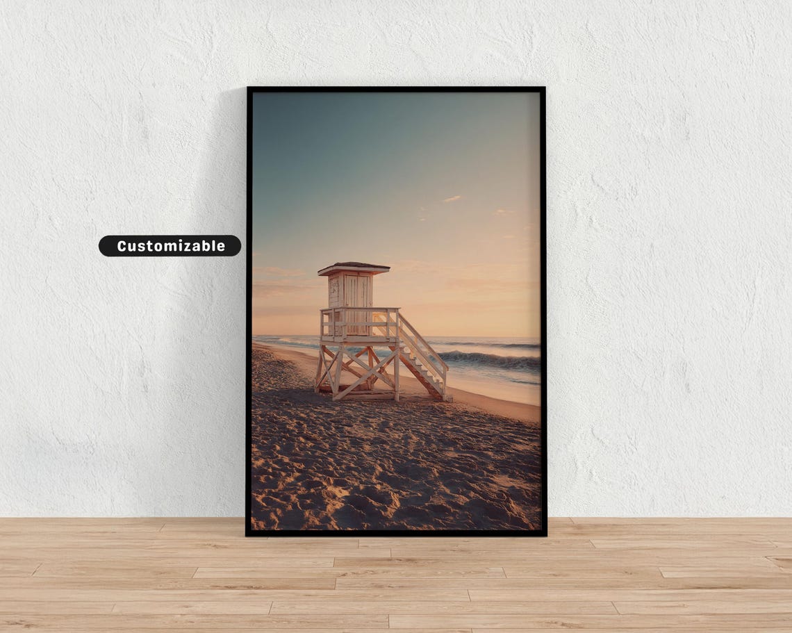 Vintage Lifeguard Tower Empty Beach Golden Light Coastal Sunset Print