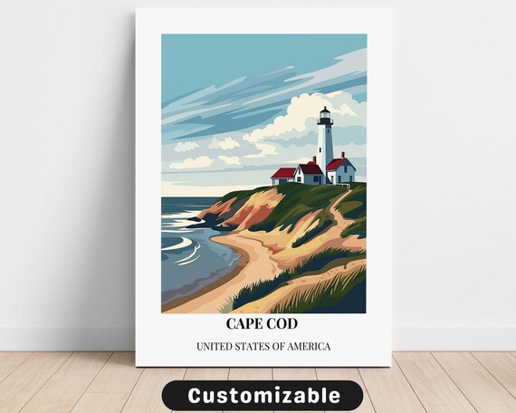 Cape Cod Lighthouse Vintage Travel Poster Sandy Dunes Ocean Art