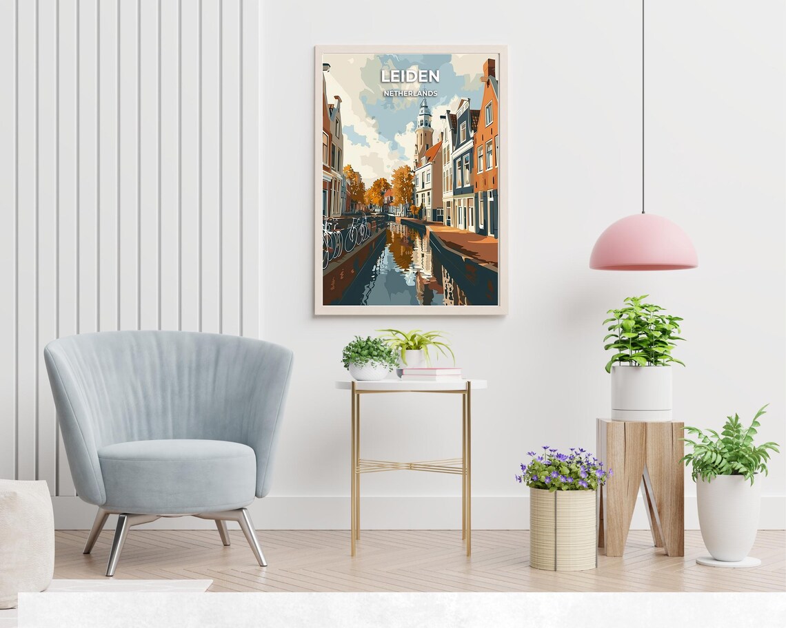 Leiden Netherlands Canal Bikes Church Tower Autumn Travel Poster - Image 2