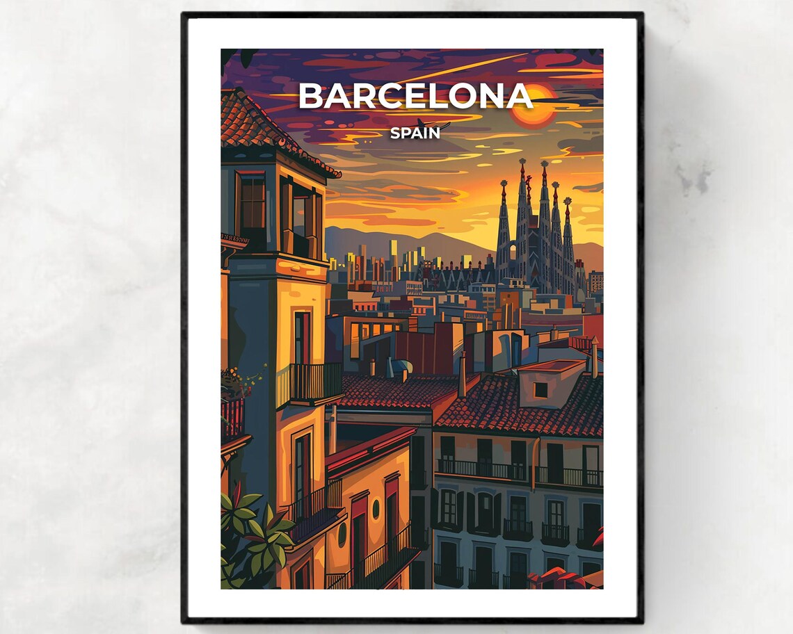Barcelona Spain Sunset Skyline Sagrada Familia View Travel Poster