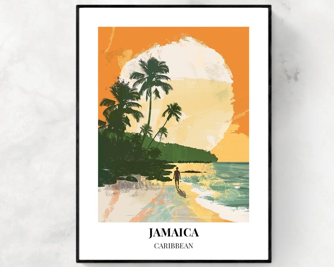 Jamaica Caribbean Giant Sunset Silhouetted Palm Beach Poster