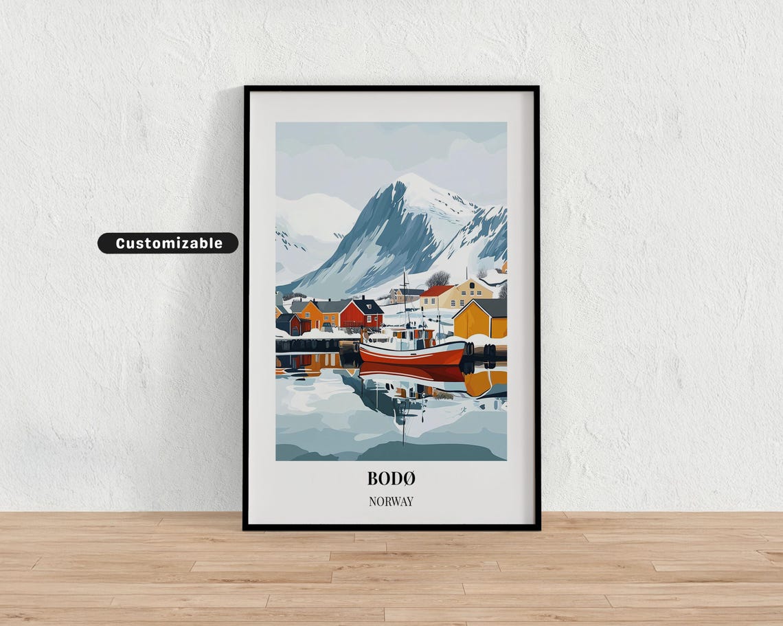 Bodø Norway Winter Harbor Fishing Boat Snowy Mountain Art Poster