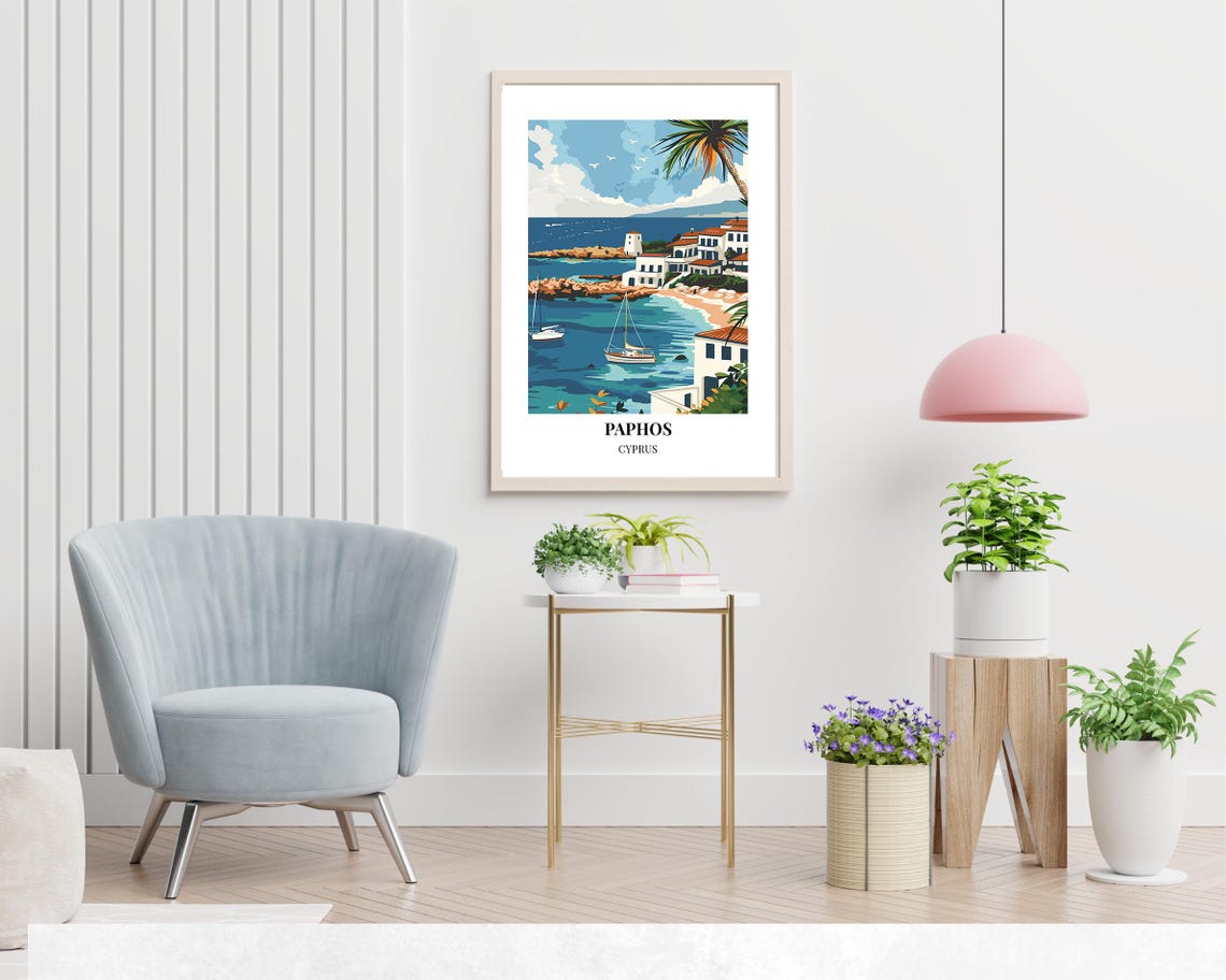 Paphos Cyprus Whitewashed Coastal Town and Sailboats Travel Poster - Image 2
