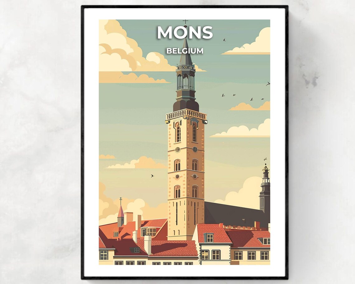 Mons Belgium Belfry Tower Old Town Sunlit Vintage Travel Poster