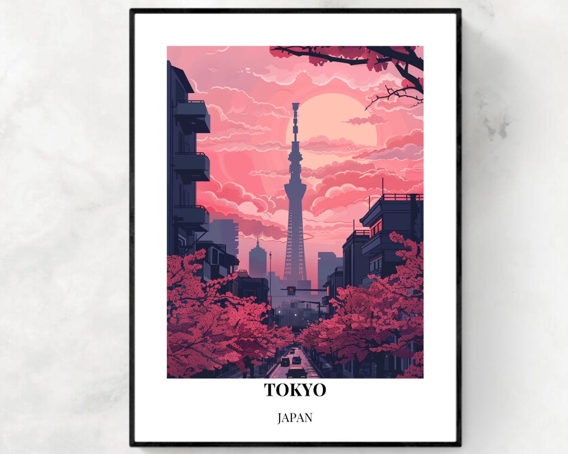 Tokyo Japan Skytree Sunset Cherry Blossom Pink Sky Travel Poster - Image 2