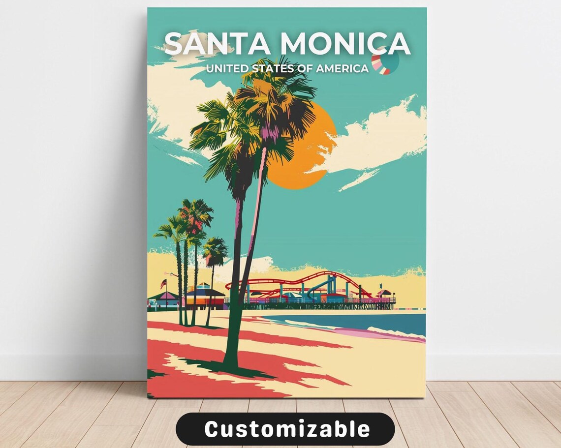Santa Monica Beach Palm Trees Pier Sunset Retro Travel Poster