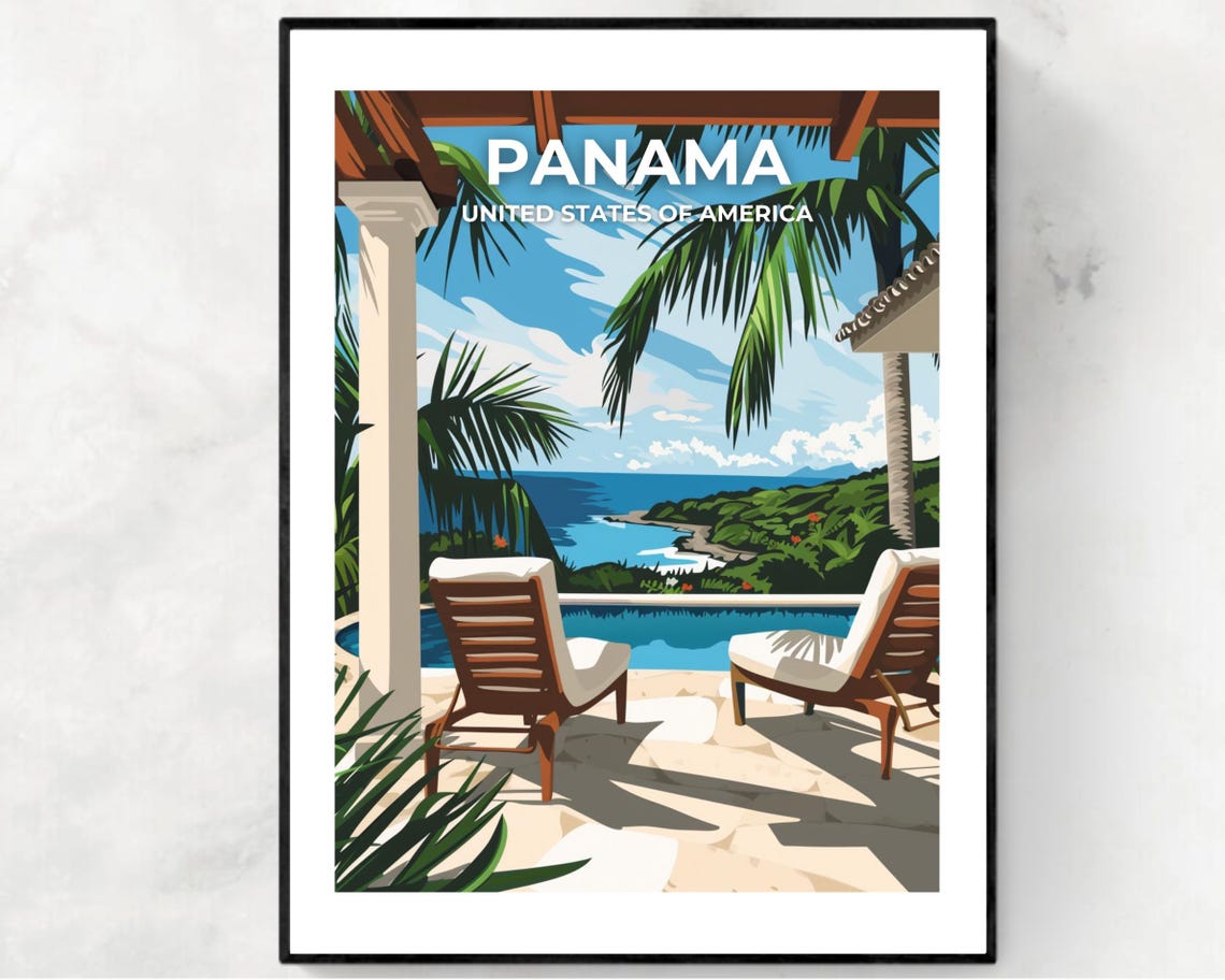 Panama Tropical Patio Poolside Ocean View Headline Travel Poster