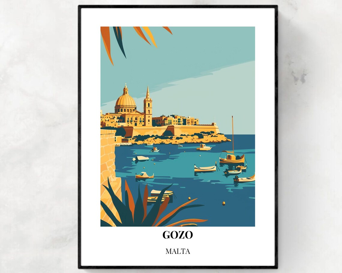 Gozo Malta Sunlit Harbor Boats and Cathedral Vintage Travel Poster