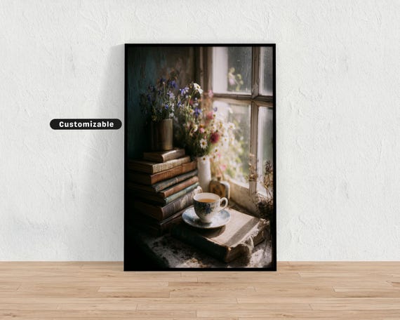 Windowsill With Books Tea Flowers Cozy Wall Art Vintage Botanical