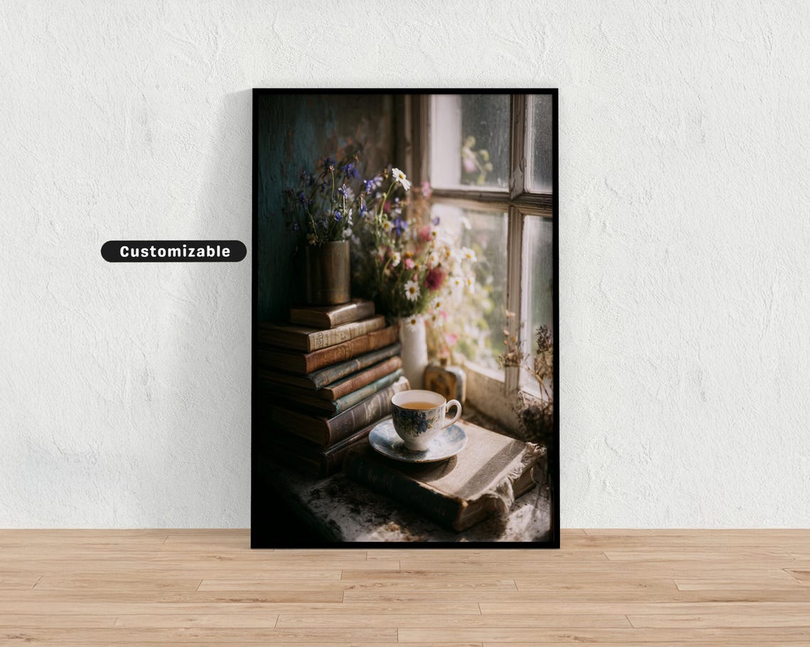 Windowsill With Books Tea Flowers Cozy Wall Art Vintage Botanical