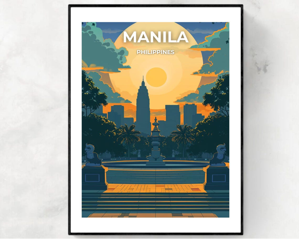 Manila Philippines Sunset Skyline Fountain Plaza View Poster