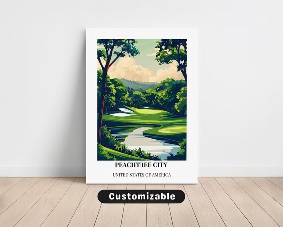 Peachtree City Golf Course Fairway Lake Vector Travel Poster