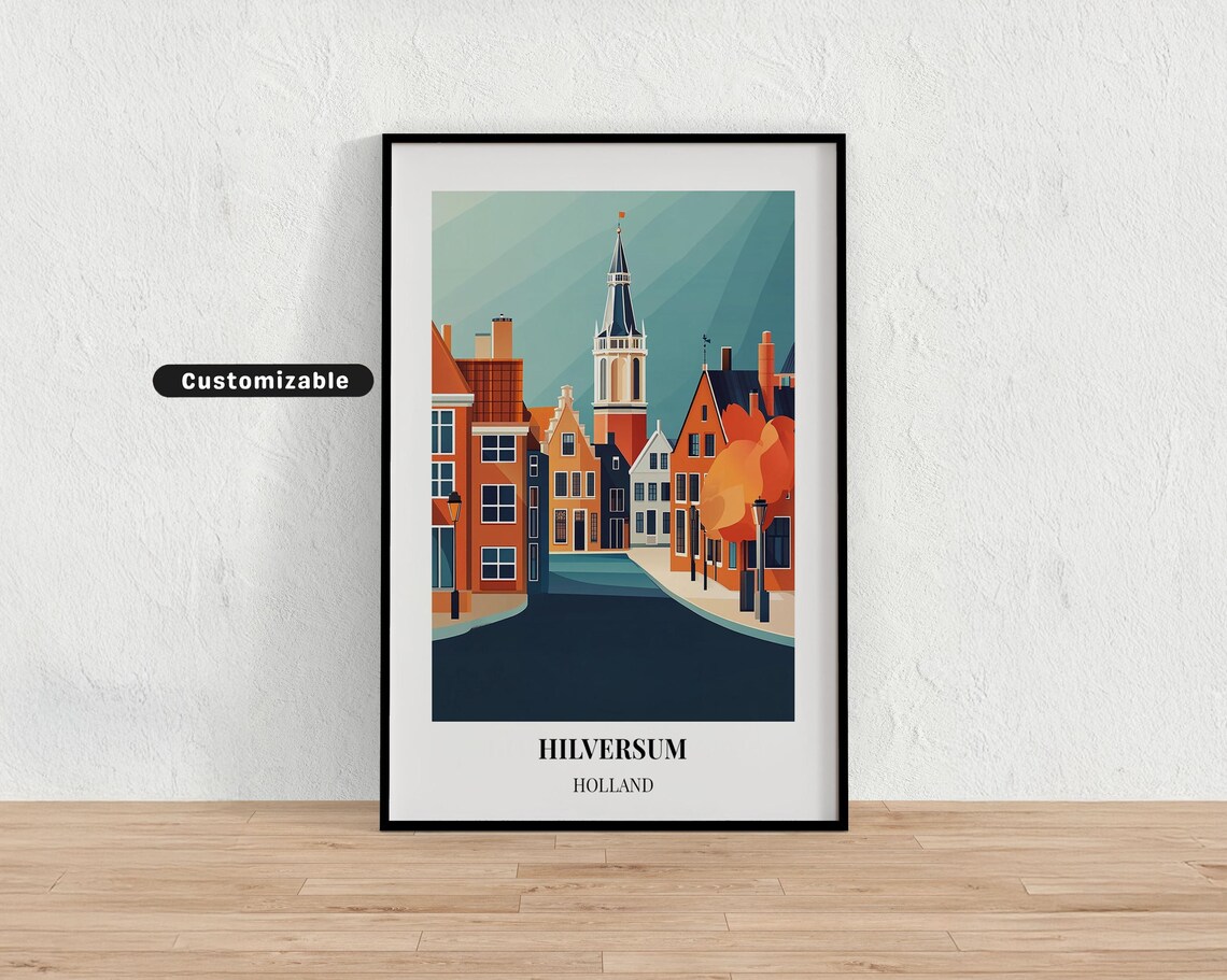 Hilversum Holland Flat Design Gabled Street Church Tower Travel Poster