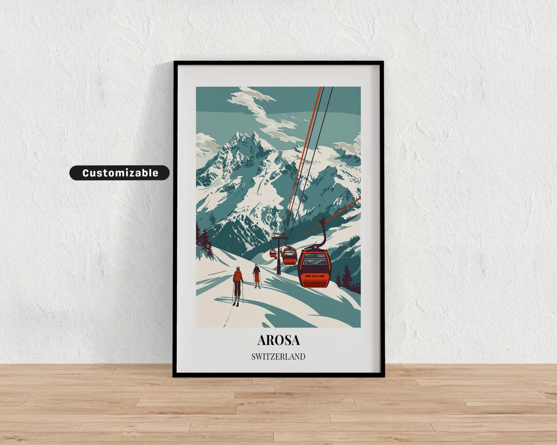 Arosa Switzerland Orange Gondolas Snowy Alps Ski Travel Poster