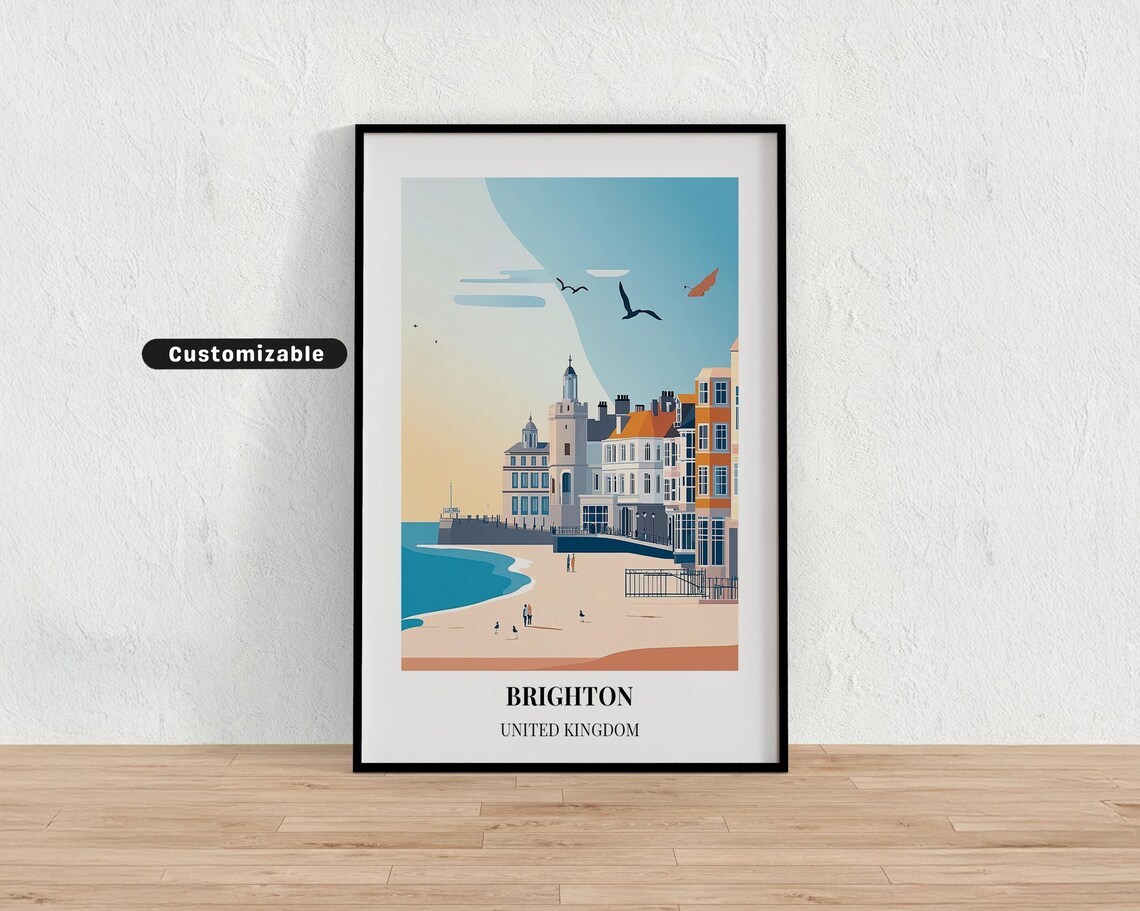 Brighton United Kingdom Minimalist Beach Town Seagulls Travel Poster