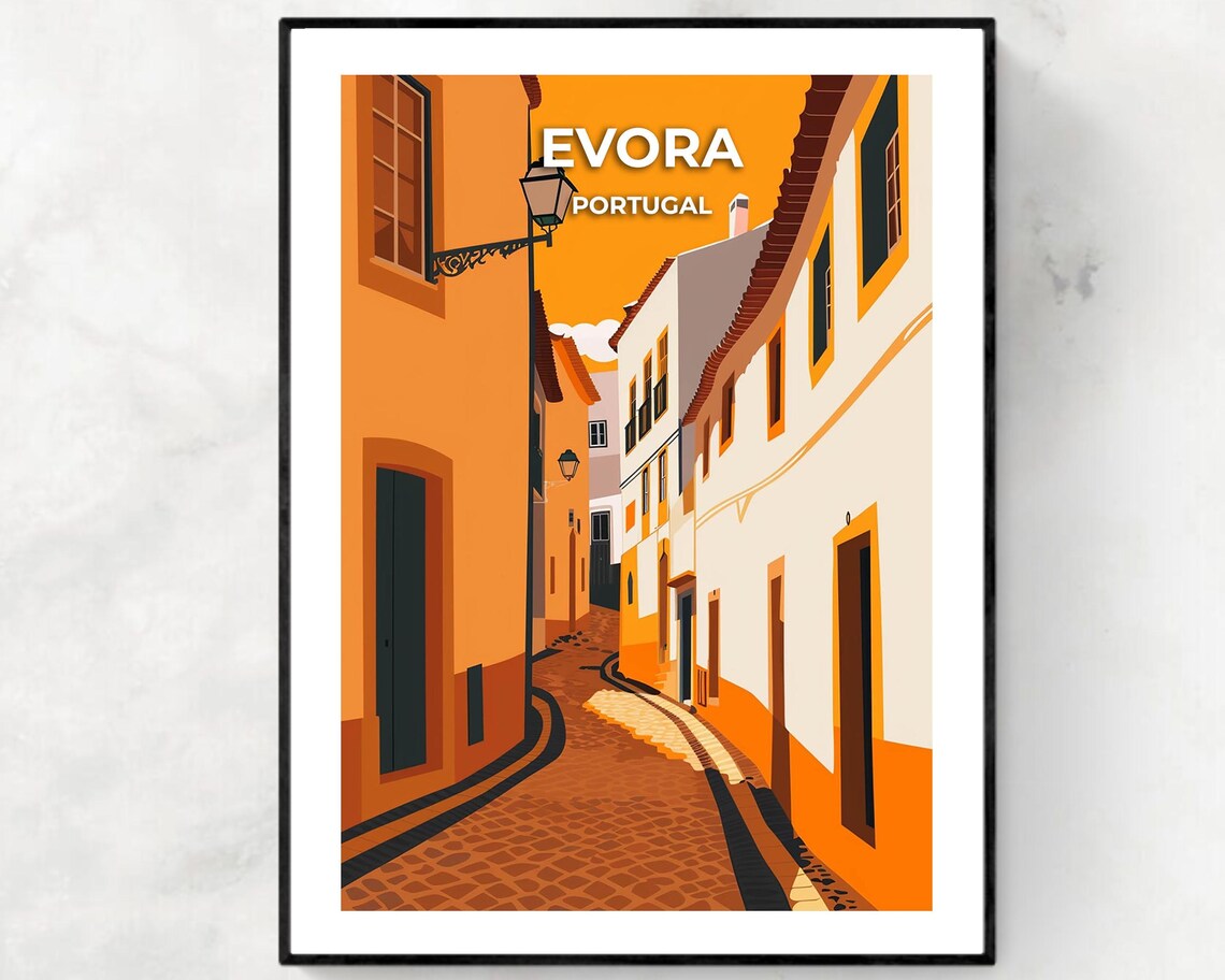 Evora Portugal Historic Old Town Cobbled Street Sunset Travel Poster
