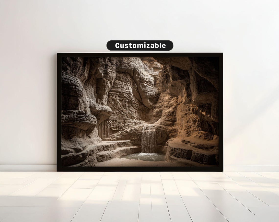 Waterfall Carving Through Canyon In Traditional Style Japanese Wall Art Print Zen Asian Decor
