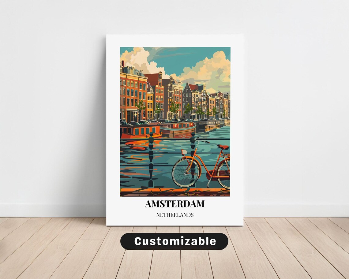 Amsterdam Netherlands Canal Houseboats Bicycle Vintage Travel Poster
