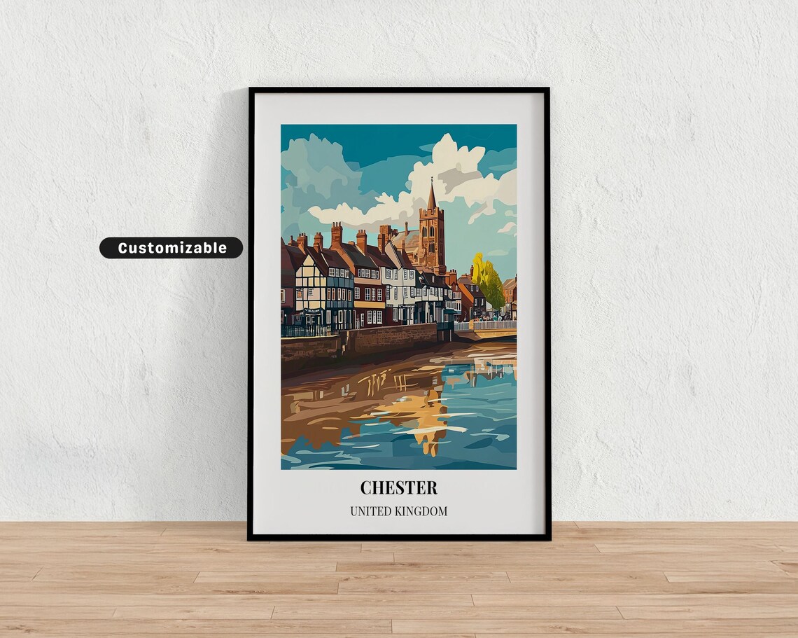 Chester England Riverside Tudor Buildings Custom Travel Art Poster
