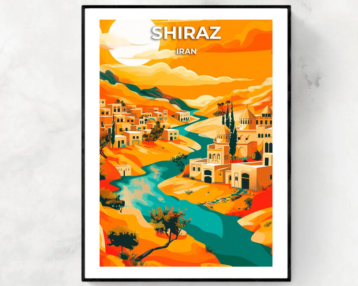 Shiraz Iran Sunset Cityscape River Domes Cypress Trees Travel Poster