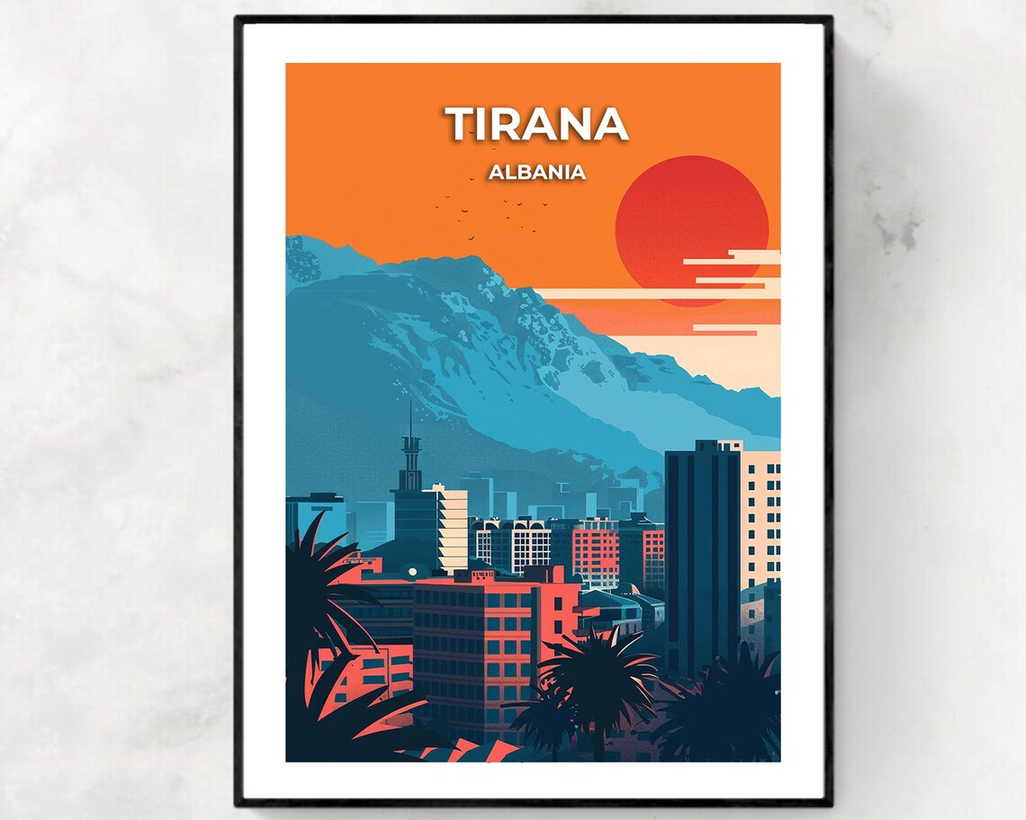 Tirana Albania City Skyline Mountain Sunset Vintage Travel Poster