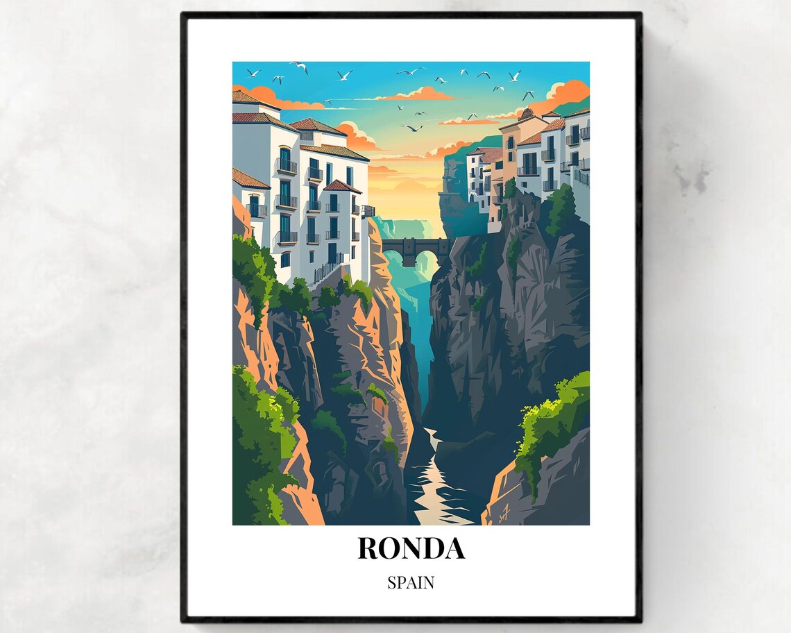Ronda Spain El Tajo Gorge Bridge Sunset Vintage Travel Poster
