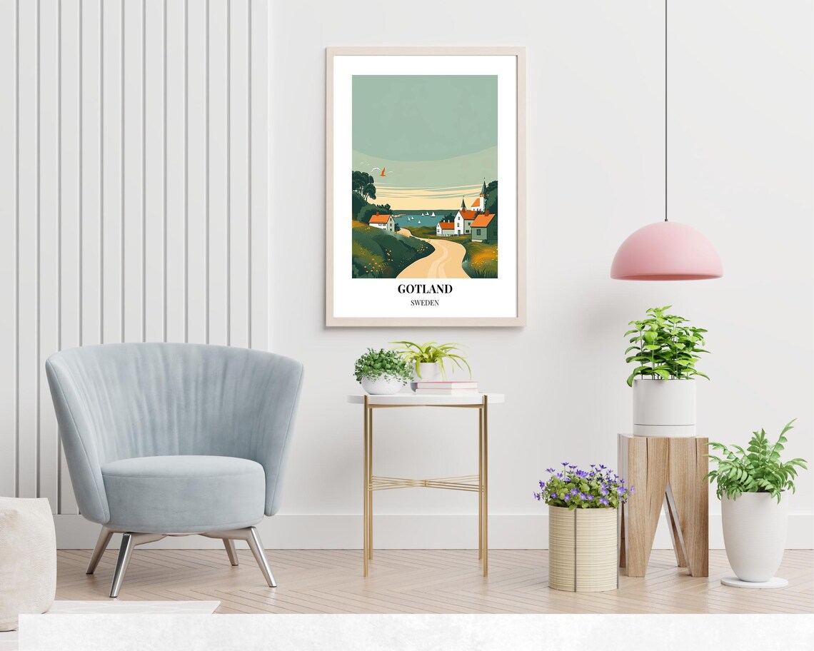 Gotland Coastal Village with Church and Sailboats Sweden Poster - Image 2