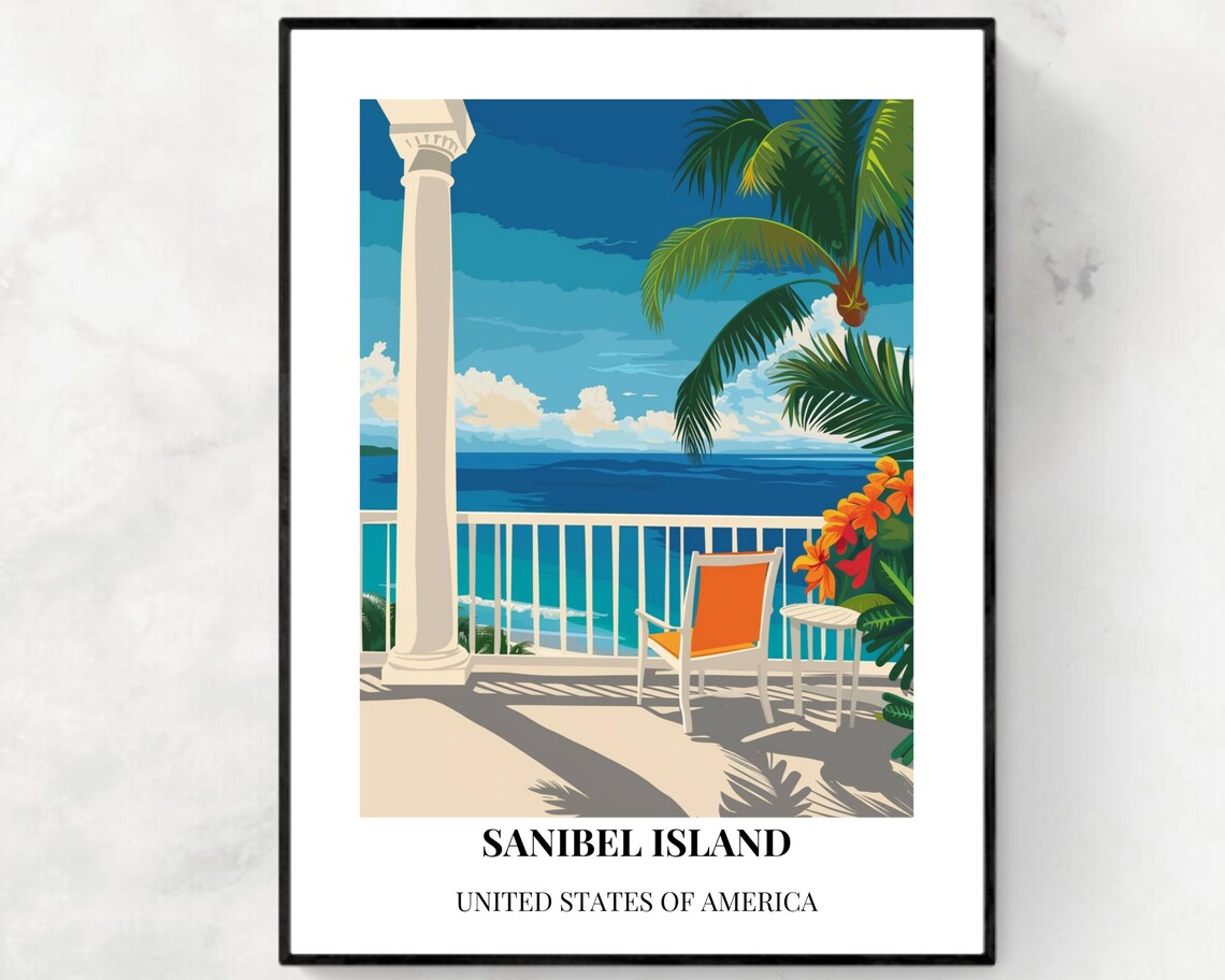 Sanibel Island Florida Beach Balcony Ocean View Vintage Travel Poster