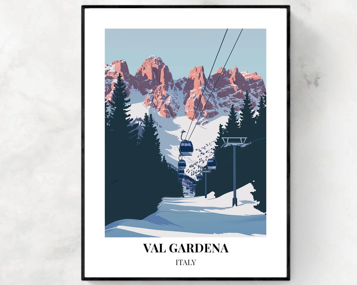 Val Gardena Italy Alpenglow Peaks Gondola Slopes Forest Poster