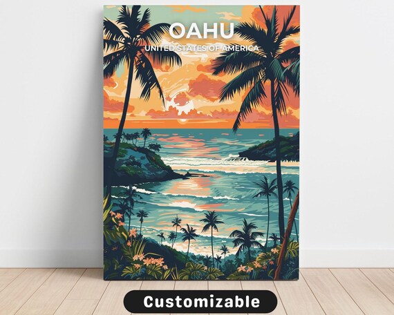 Oahu USA Vintage Travel Poster Tropical Ocean Sunset Palm Trees