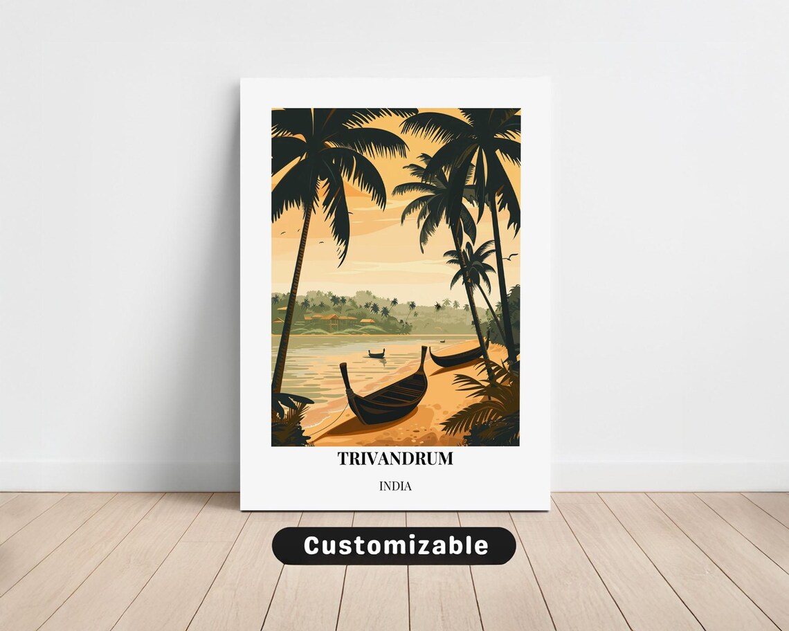 Trivandrum India River Boats Palm Trees Sunset Travel Poster