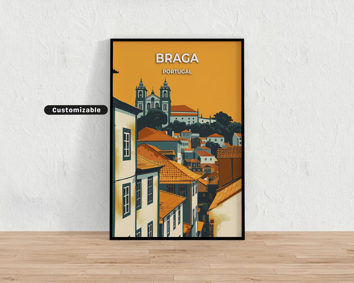 Braga Portugal Terracotta Rooftops Orange Sky Vintage Travel Poster