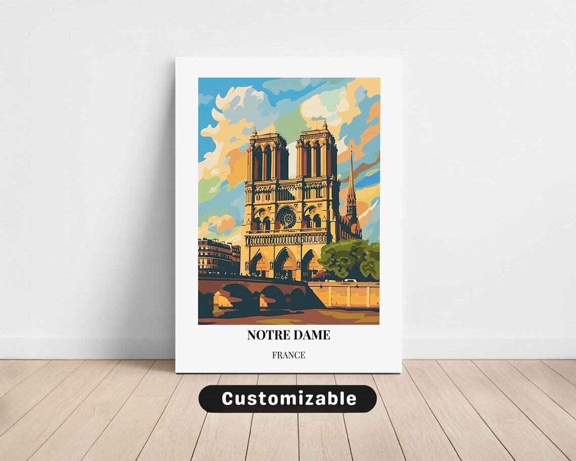 Notre Dame France Gothic Cathedral Seine River Art Travel Poster