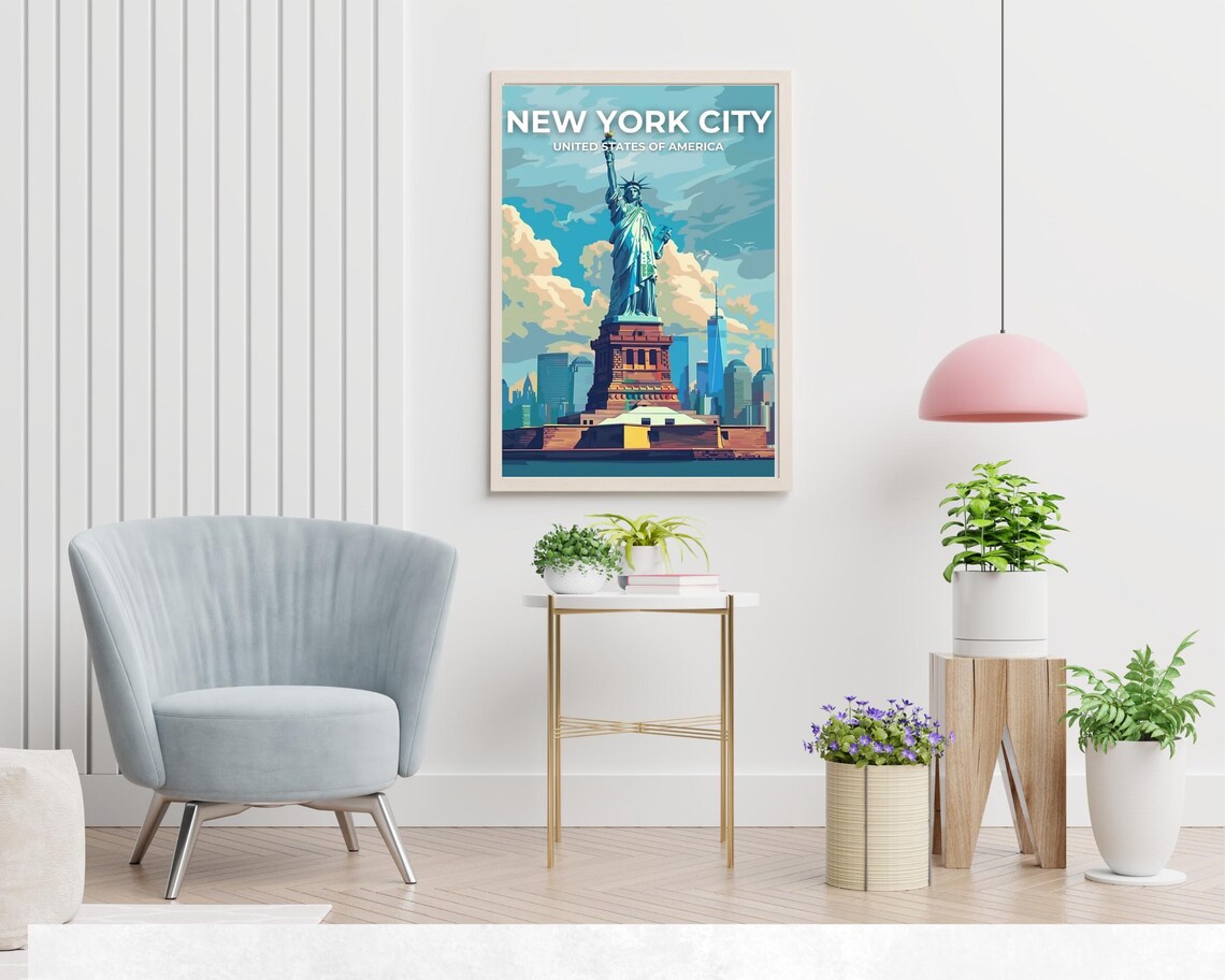 New York City Statue of Liberty Skyline Retro Travel Art Poster - Image 2
