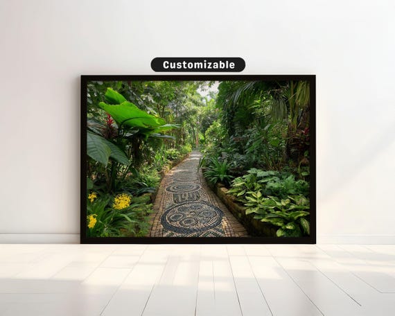 Mosaic Path Through Lush Garden With Exotic Plants Bold Wall Art Mediterranean Botanical Decor