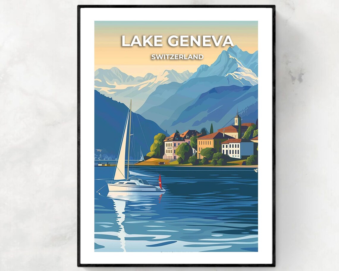 Lake Geneva Switzerland Sailboat Shoreline Alps Village Travel Poster