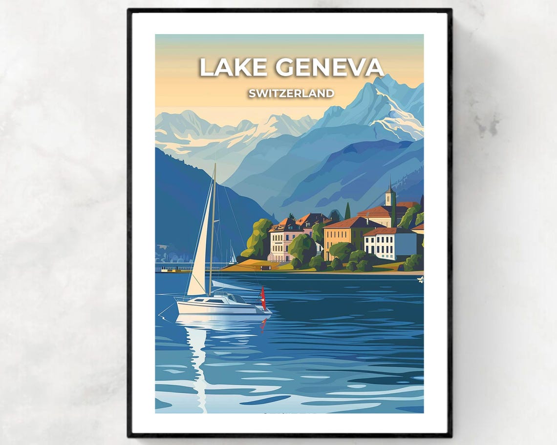 Lake Geneva Switzerland Travel Print Wall Art Lake Geneva Switzerland City Print Lake Geneva Switzerland Travel Gift Lake Geneva