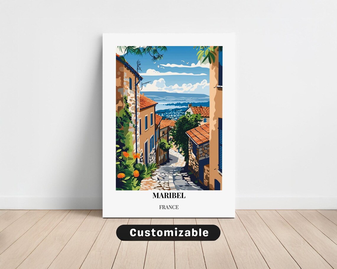 Maribel France Hillside Village Mediterranean Sea View Travel Poster