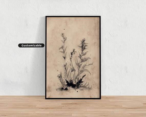 Natural Ink Sketch Of Dried Plants Rustic Texture Neutral Wall Art Print Minimalist Modern Decor
