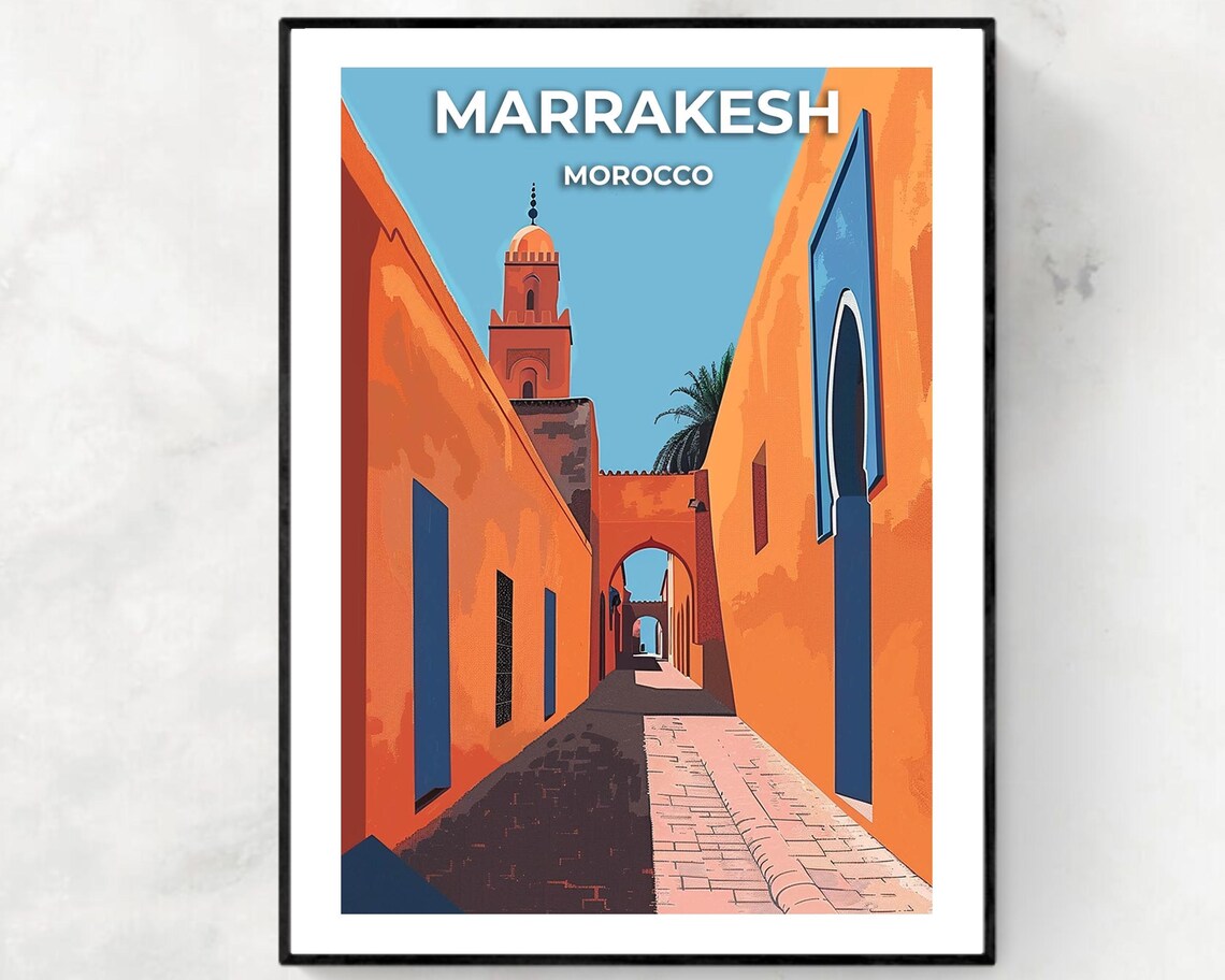Marrakesh Morocco Medina Alley Koutoubia Mosque Vintage Travel Poster