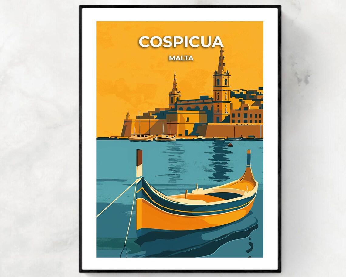 Cospicua Malta Golden Harbor Luzzu Boat Sunset Travel Poster
