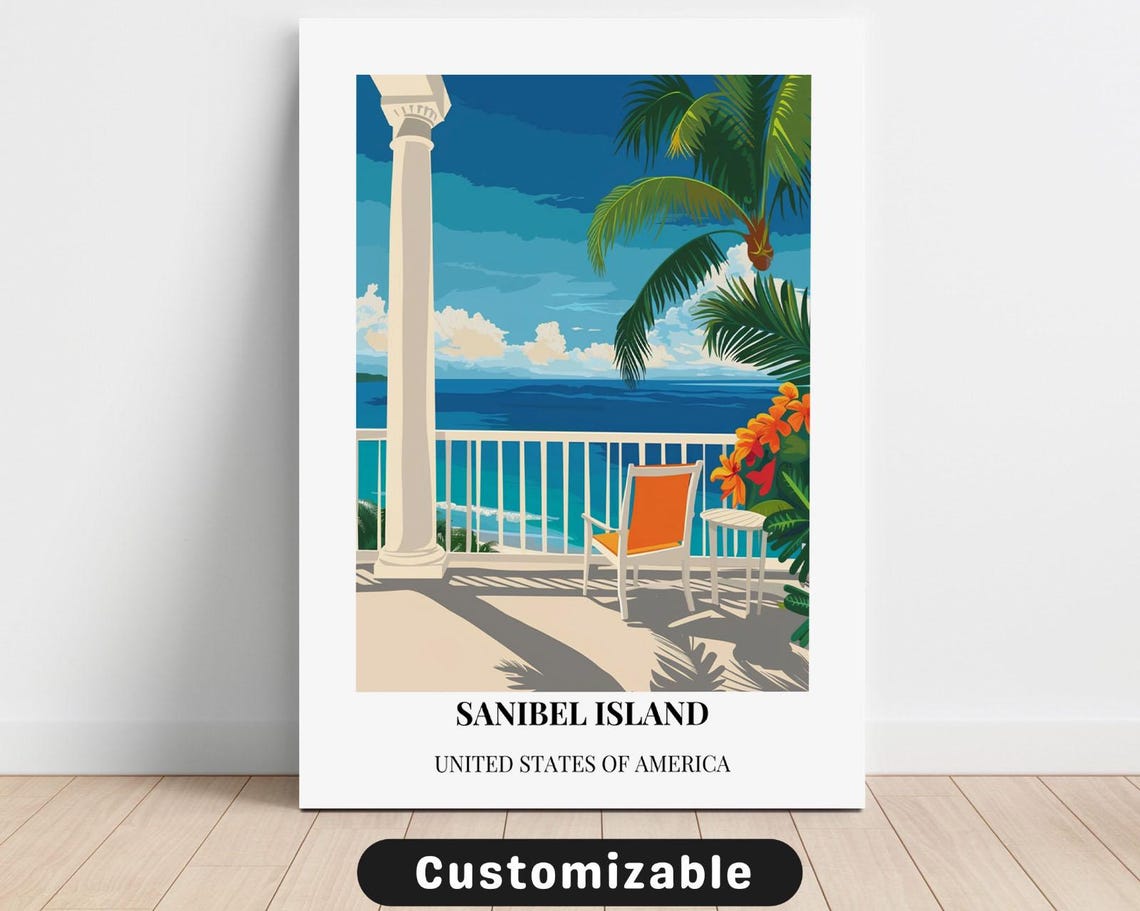 Sanibel Island Florida Ocean Porch White Border Travel Poster