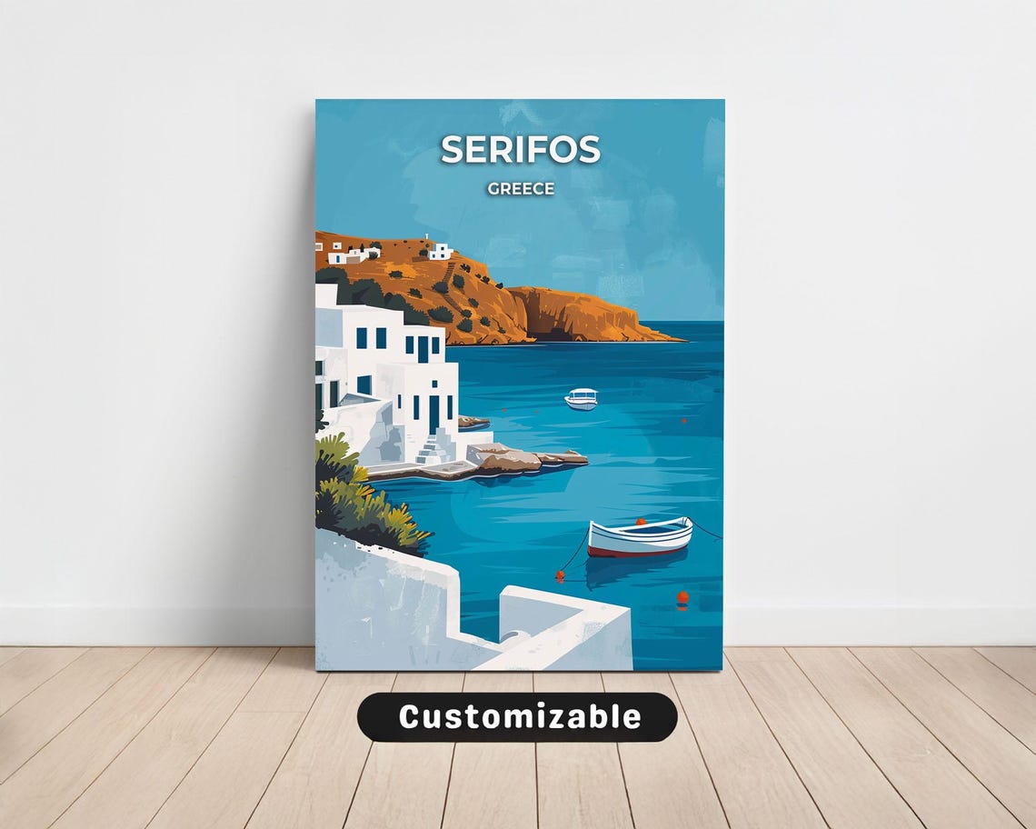 Serifos Greece Travel Poster Whitewashed Aegean Village Harbor Scene