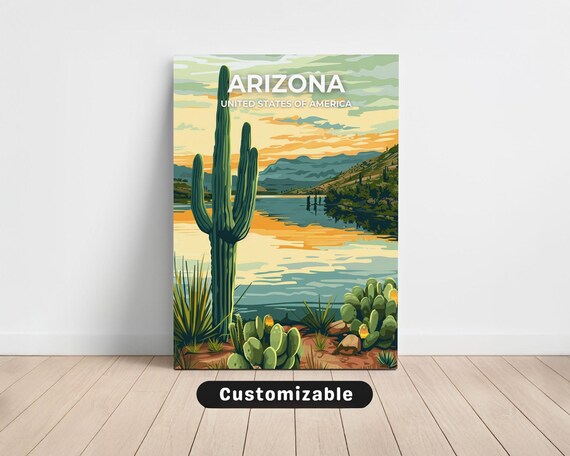Arizona Desert Lake Sunset Saguaro Cactus Custom Travel Poster