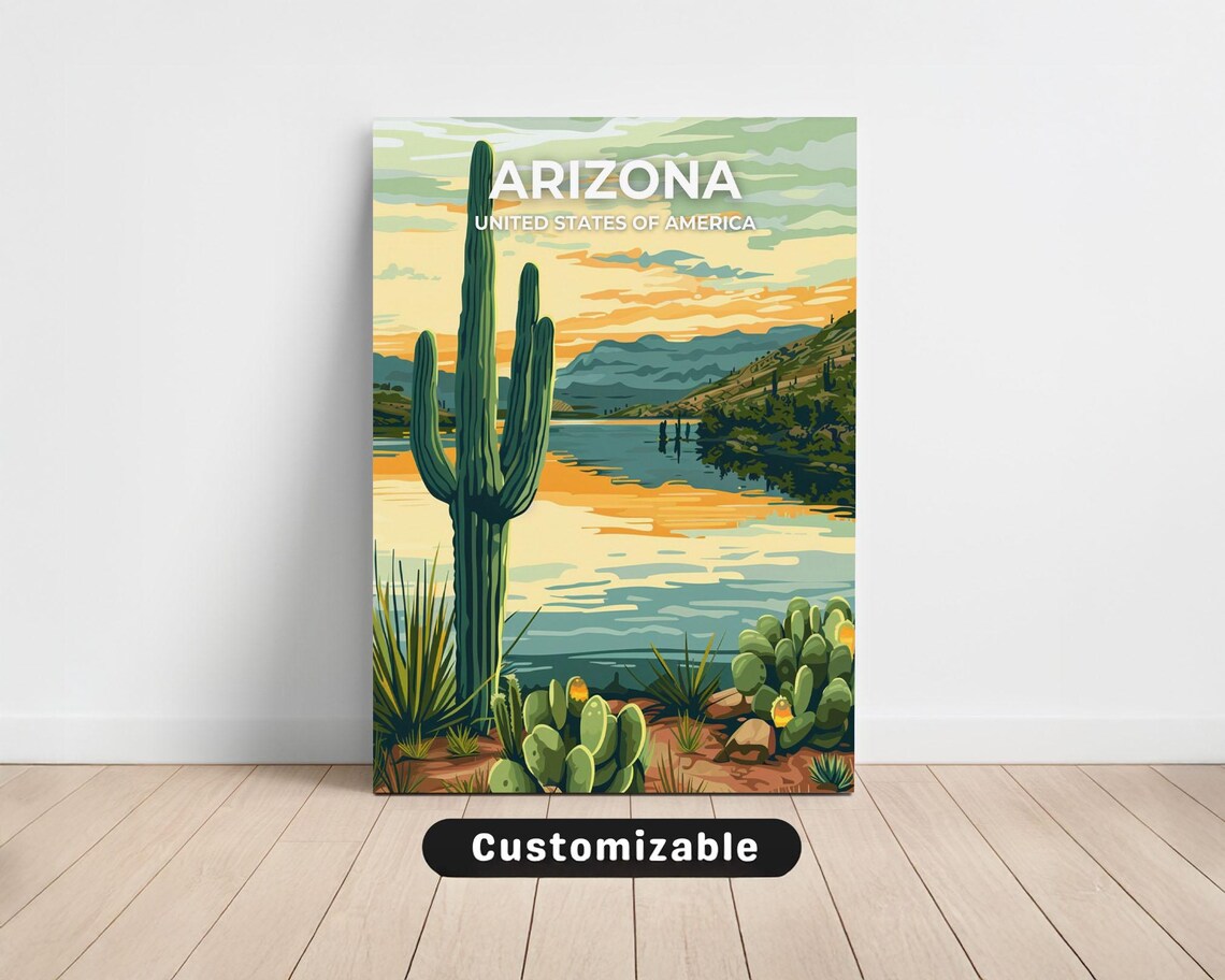 Arizona Desert Lake Sunset Saguaro Cactus Custom Travel Poster